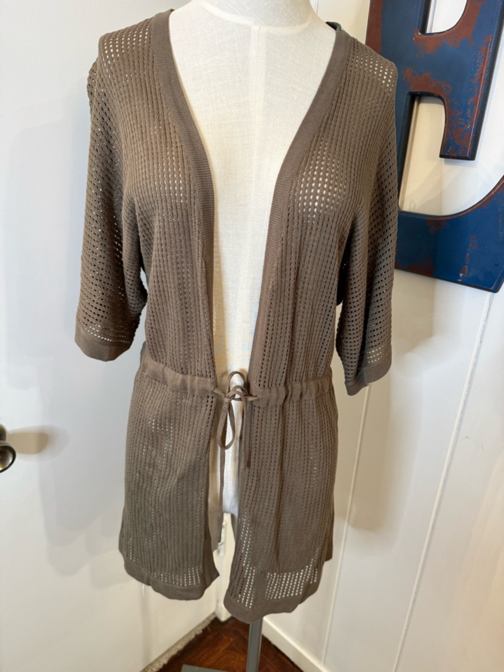 NAF NAF Olive Green Open-Knit Cardigan with Waist Tie Swim Cover Sz M
